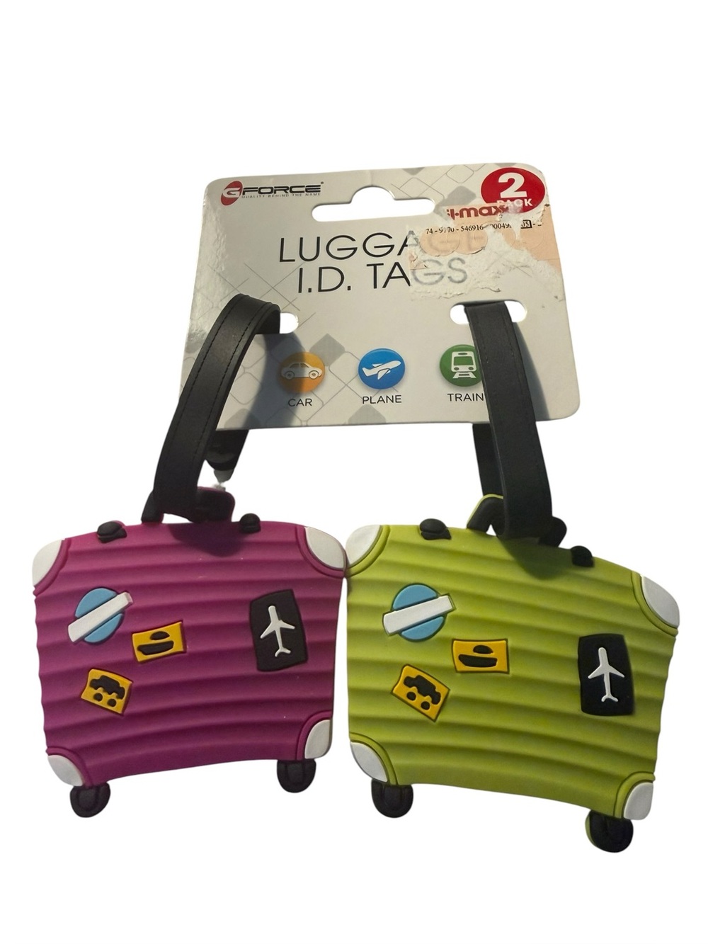 Luggage ID Tags Retro Suitcase Flight Travel Neon Lime Green Purple Set of 2